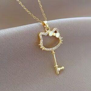 18K Gold Hello Kitty Key Head Pave Diamond Inlay Pendant Necklace Sanrio Kawaii
